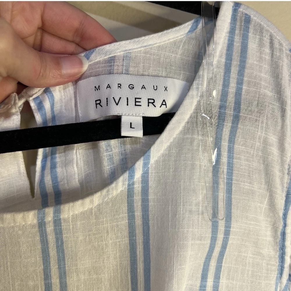 MARGAUX RIVIERA L Midi Stripe Tiered Cotton Dress Pockets Relaxed Blue White - Picture 4 of 7